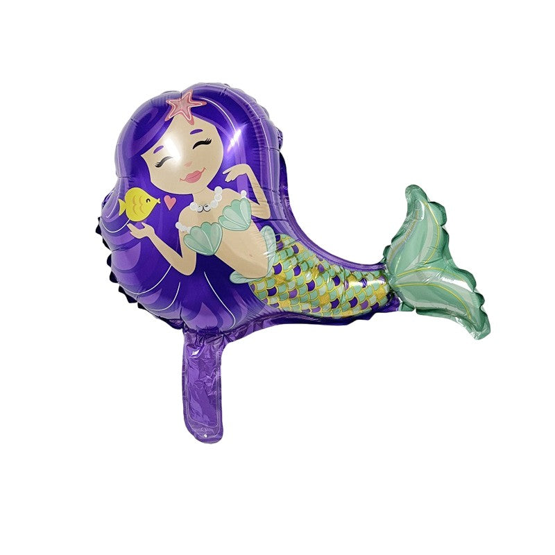 Balon din Folie Metalizata, Flippy, Mini Figurine, Model Sirena cu Par Mov, Tematica Aniversare, 39x37 cm, Ambalaj