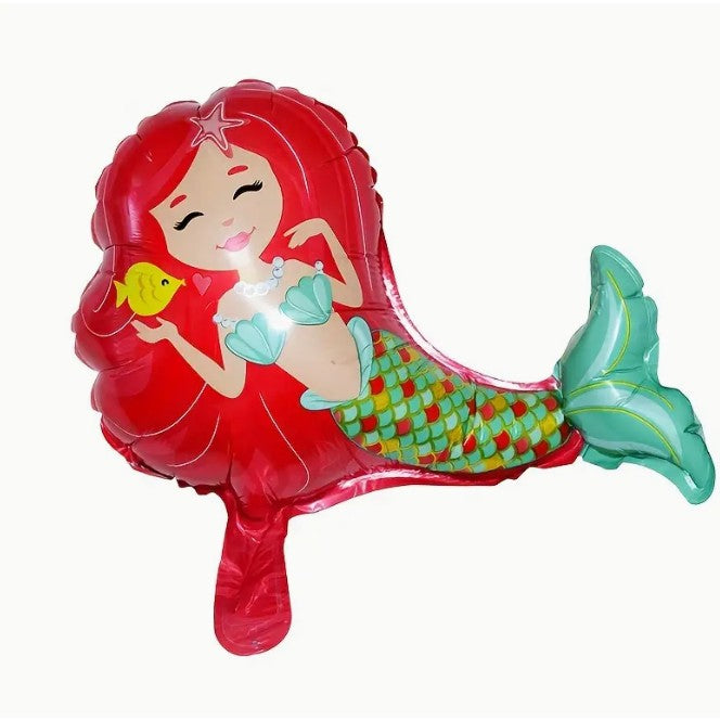 Balon din Folie Metalizata, Flippy, Mini Figurine, Model Sirena cu Par Rosu, Tematica Aniversare, 39x37 cm, Ambalaj