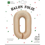 Balon din Folie Metalizata, Flippy, Model Cifra 0, 100 cm, Ambalaj Individual, Pai Inclus, Crem