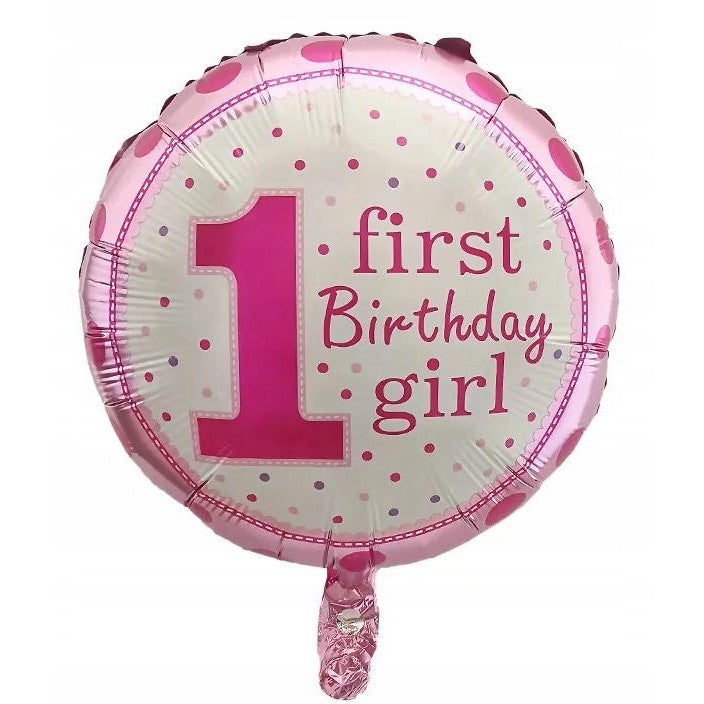 Balon din Folie Metalizata, Flippy, Prima Aniversare, Model First Birthday Girl, 45 cm, Ambalaj Individual, Pai Inclus,