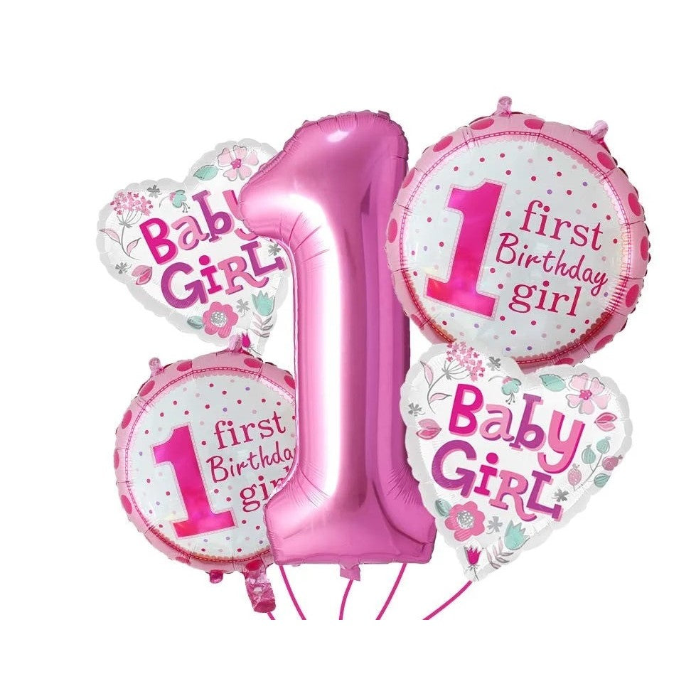 Balon din Folie Metalizata, Flippy, Prima Aniversare, Model First Birthday Girl, 45 cm, Ambalaj Individual, Pai Inclus,