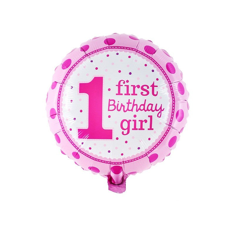Balon din Folie Metalizata, Flippy, Prima Aniversare, Model First Birthday Girl, 45 cm, Ambalaj Individual, Pai Inclus,