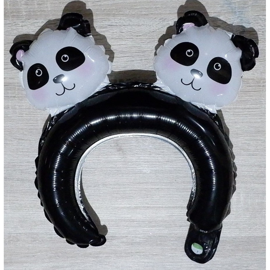 Balon din Folie Metalizata, Flippy, Tip Coronita cu Urechi, Model Panda, Ambalaj Individual, Pai Inclus, Umflare cu Aer