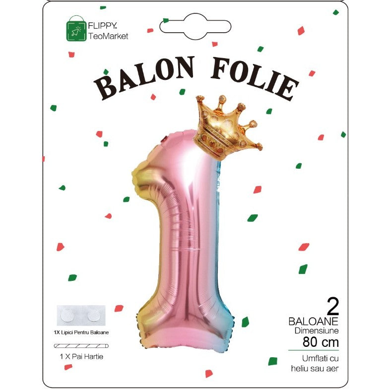 Balon din Folie Metalizata, Flippy, Figurina Cifra Gradient, Tema Aniversare 80 cm, Ambalaj Individual, Pai inclus,