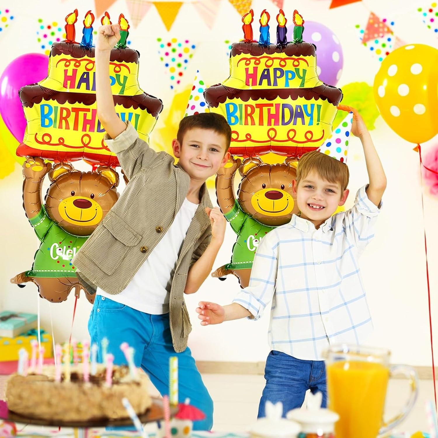 Balon din Folie Metalizata, Flippy, Figurine Animalute, Model Ursulet cu Tort Aniversar, 124x65 cm, Ambalaj Individual,