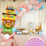 Balon din Folie Metalizata, Flippy, Figurine Animalute, Model Ursulet cu Tort Aniversar, 124x65 cm, Ambalaj Individual,