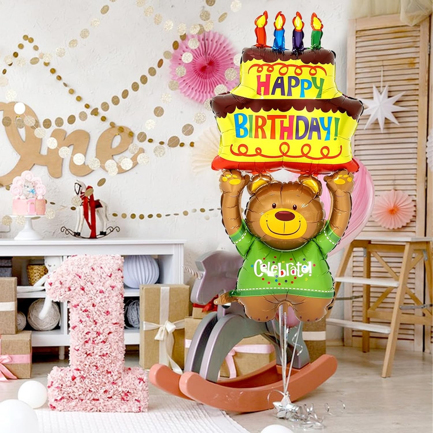 Balon din Folie Metalizata, Flippy, Figurine Animalute, Model Ursulet cu Tort Aniversar, 124x65 cm, Ambalaj Individual,