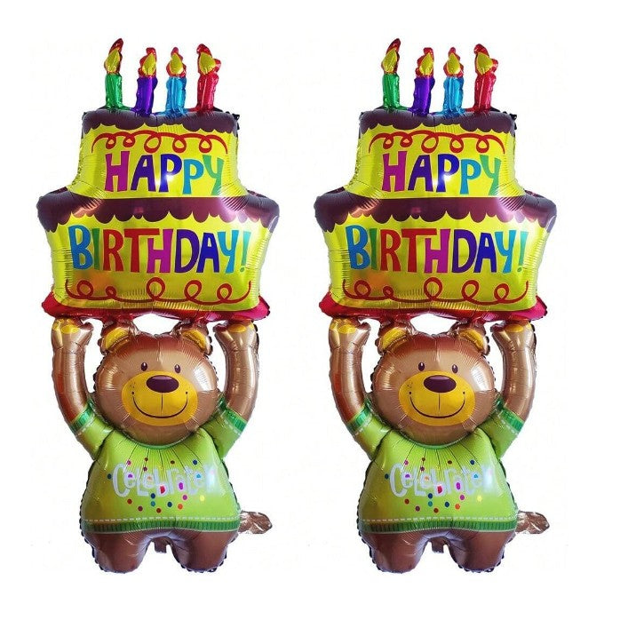 Balon din Folie Metalizata, Flippy, Figurine Animalute, Model Ursulet cu Tort Aniversar, 124x65 cm, Ambalaj Individual,