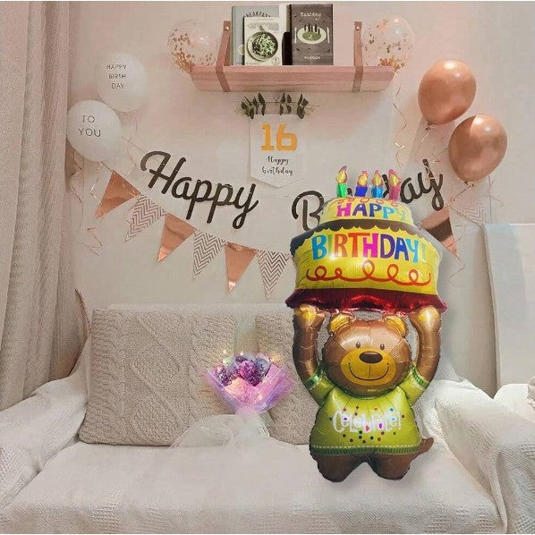 Balon din Folie Metalizata, Flippy, Figurine Animalute, Model Ursulet cu Tort Aniversar, 124x65 cm, Ambalaj Individual,