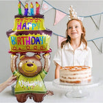 Balon din Folie Metalizata, Flippy, Figurine Animalute, Model Ursulet cu Tort Aniversar, 124x65 cm, Ambalaj Individual,