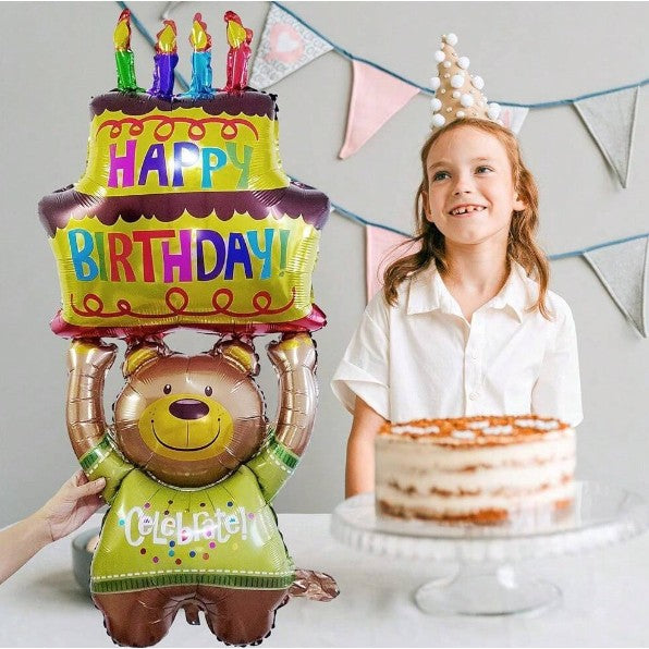 Balon din Folie Metalizata, Flippy, Figurine Animalute, Model Ursulet cu Tort Aniversar, 124x65 cm, Ambalaj Individual,