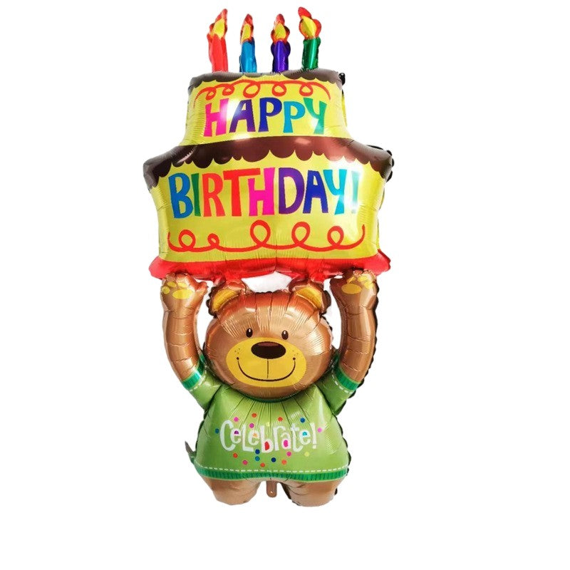 Balon din Folie Metalizata, Flippy, Figurine Animalute, Model Ursulet cu Tort Aniversar, 124x65 cm, Ambalaj Individual,