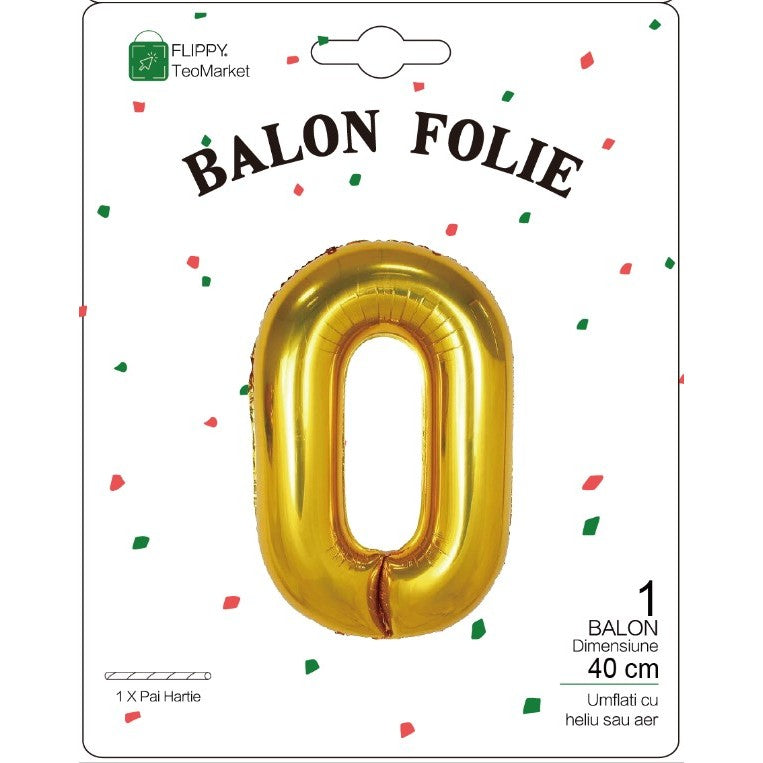 Balon din Folie Metalizata Flippy, Figurina Cifra, Tema Aniversare 40 cm, Ambalaj Individual, Pai inclus, Umflare cu