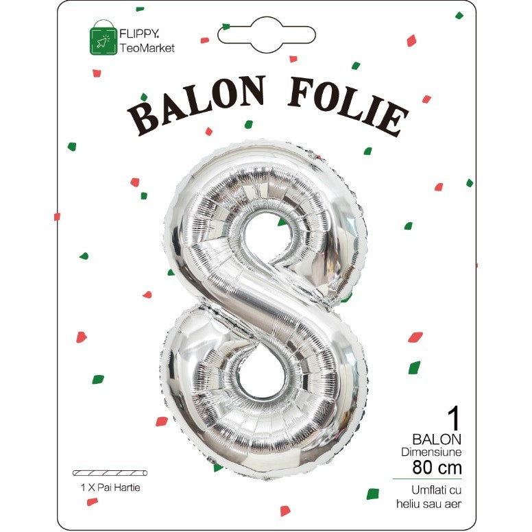 Balon din Folie Metalizata, Flippy, Figurina Cifra, Tema Aniversare 80 cm, Ambalaj Individual, Pai inclus, Umflare cu
