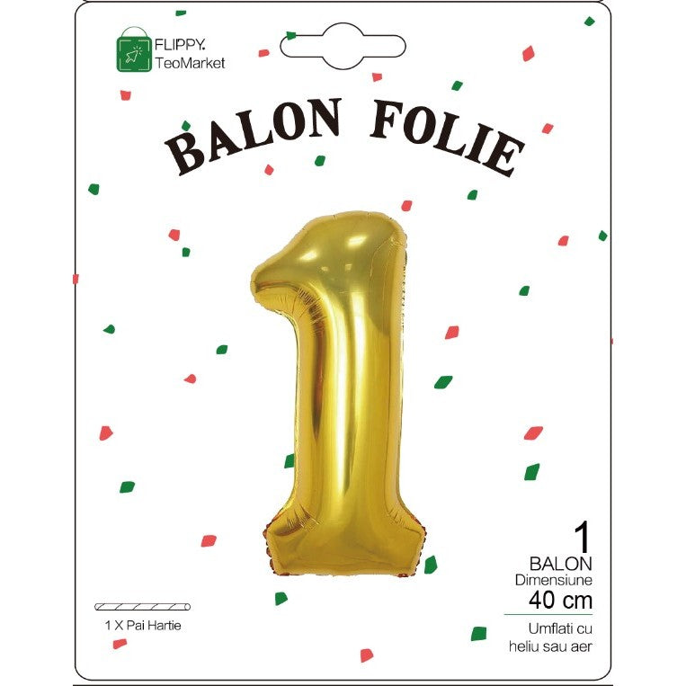 Balon din Folie Metalizata Flippy, Figurina Cifra, Tema Aniversare 40 cm, Ambalaj Individual, Pai inclus, Umflare cu