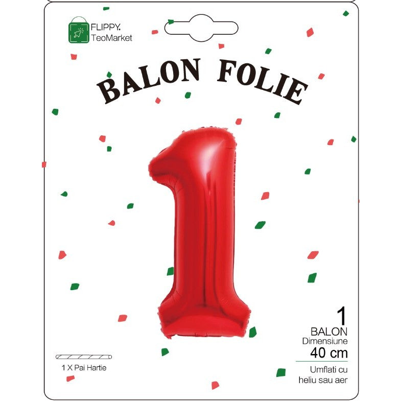 Balon din Folie Metalizata Flippy, Figurina Cifra, Tema Aniversare 40 cm, Ambalaj Individual, Pai inclus, Umflare cu
