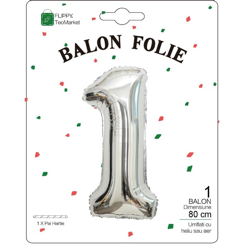 Balon din Folie Metalizata, Flippy, Figurina Cifra, Tema Aniversare 80 cm, Ambalaj Individual, Pai inclus, Umflare cu