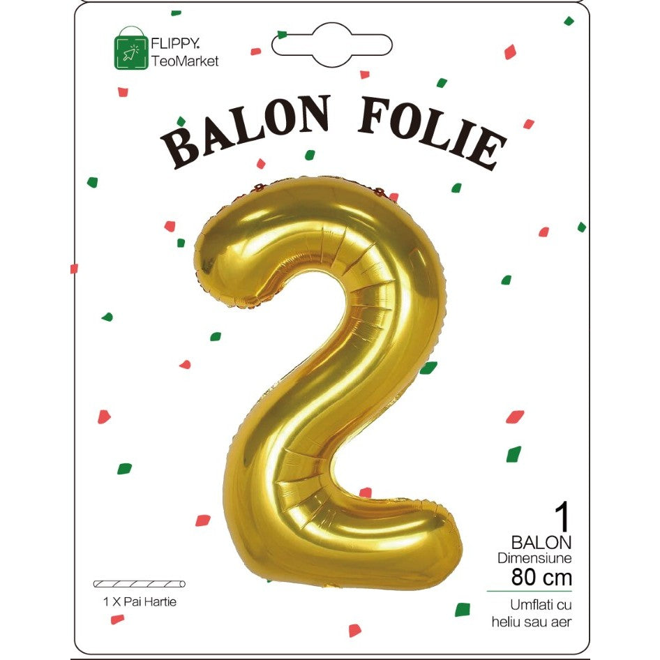 Balon din Folie Metalizata Flippy, Figurina Cifra, Tema Aniversare 80 cm, Ambalaj Individual, Pai inclus, Umflare cu