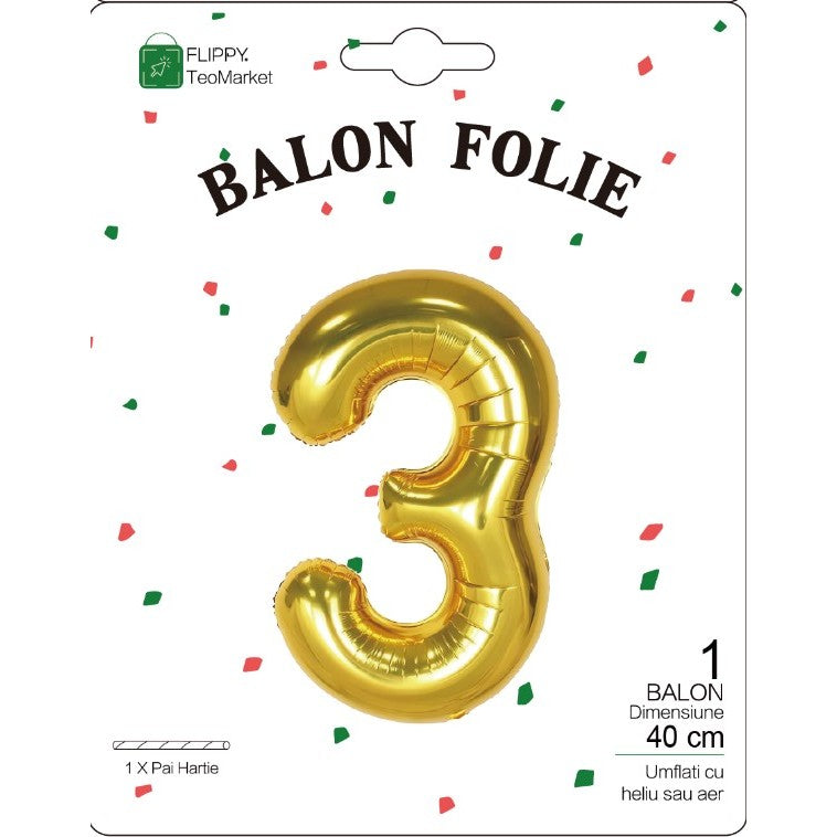 Balon din Folie Metalizata Flippy, Figurina Cifra, Tema Aniversare 40 cm, Ambalaj Individual, Pai inclus, Umflare cu