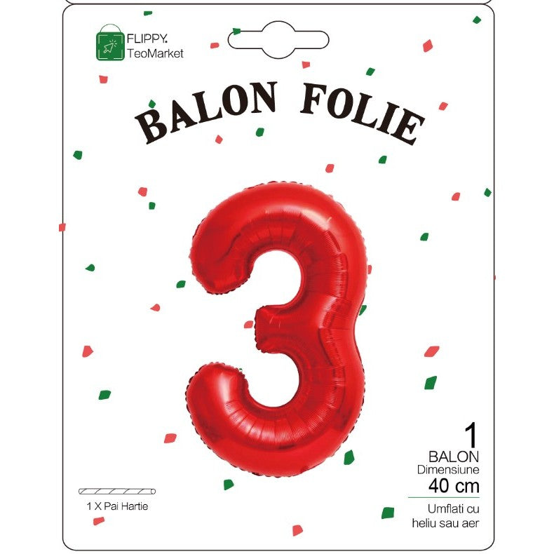 Balon din Folie Metalizata Flippy, Figurina Cifra, Tema Aniversare 40 cm, Ambalaj Individual, Pai inclus, Umflare cu
