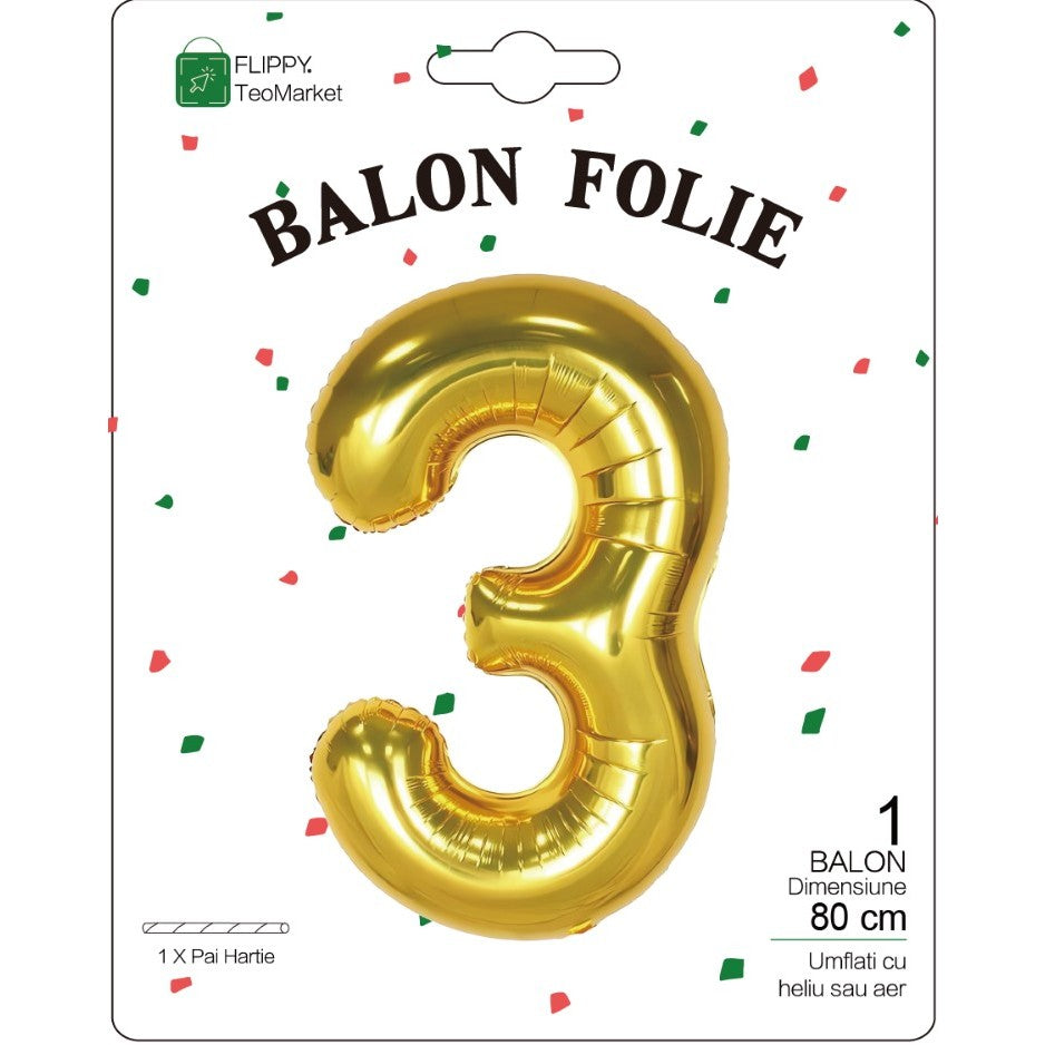 Balon din Folie Metalizata Flippy, Figurina Cifra, Tema Aniversare 80 cm, Ambalaj Individual, Pai inclus, Umflare cu