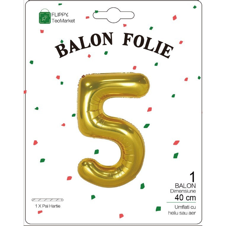 Balon din Folie Metalizata Flippy, Figurina Cifra, Tema Aniversare 40 cm, Ambalaj Individual, Pai inclus, Umflare cu