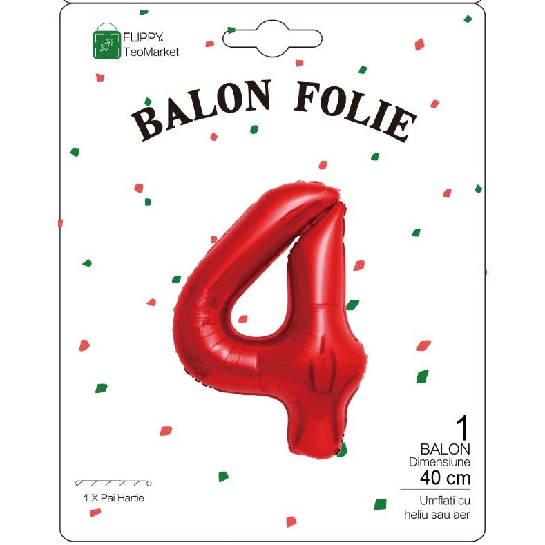 Balon din Folie Metalizata Flippy, Figurina Cifra, Tema Aniversare 40 cm, Ambalaj Individual, Pai inclus, Umflare cu