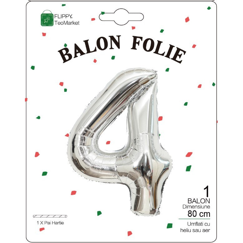 Balon din Folie Metalizata, Flippy, Figurina Cifra, Tema Aniversare 80 cm, Ambalaj Individual, Pai inclus, Umflare cu