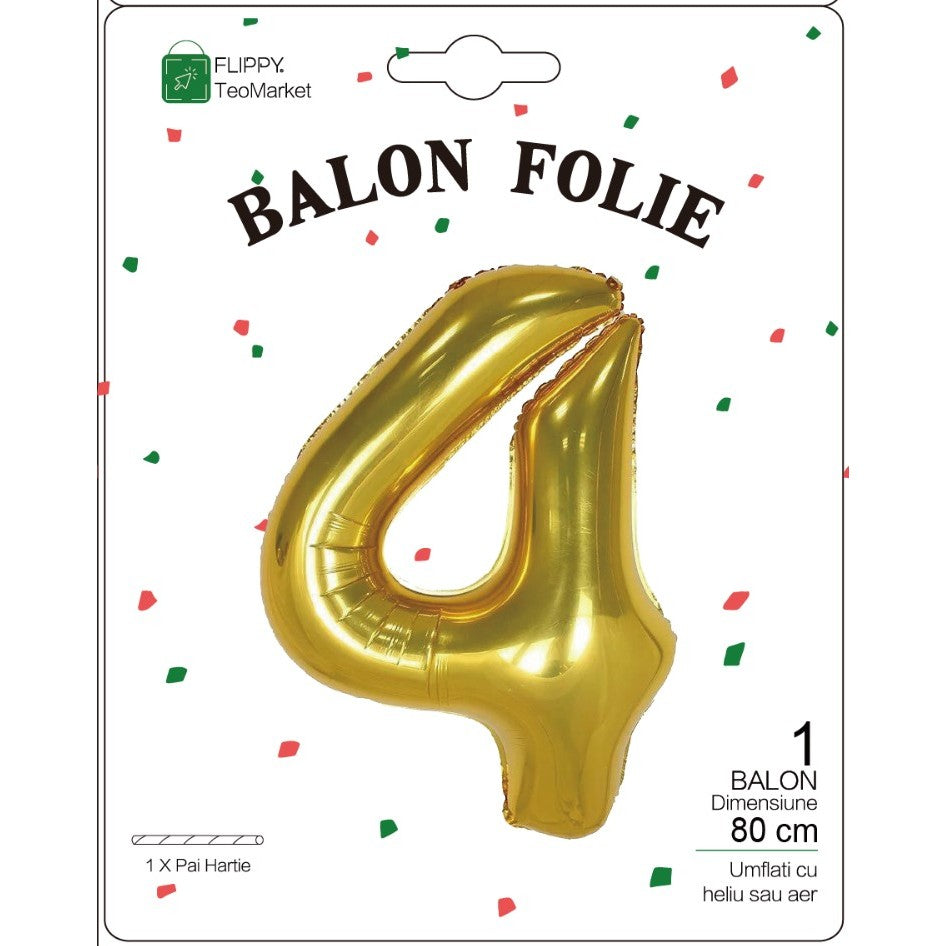 Balon din Folie Metalizata Flippy, Figurina Cifra, Tema Aniversare 80 cm, Ambalaj Individual, Pai inclus, Umflare cu