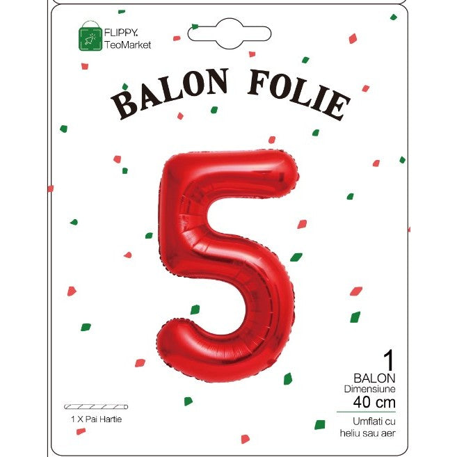 Balon din Folie Metalizata Flippy, Figurina Cifra, Tema Aniversare 40 cm, Ambalaj Individual, Pai inclus, Umflare cu