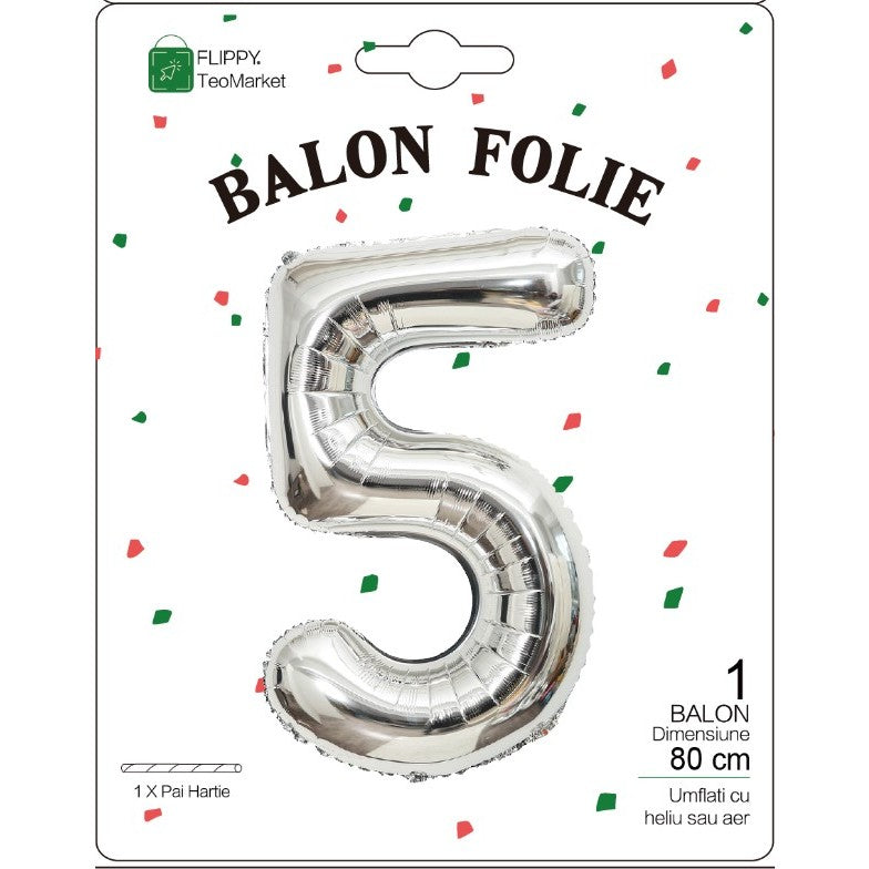 Balon din Folie Metalizata, Flippy, Figurina Cifra, Tema Aniversare 80 cm, Ambalaj Individual, Pai inclus, Umflare cu