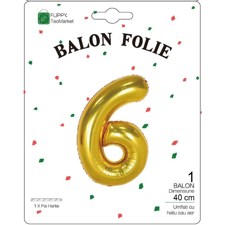 Balon din Folie Metalizata Flippy, Figurina Cifra, Tema Aniversare 40 cm, Ambalaj Individual, Pai inclus, Umflare cu