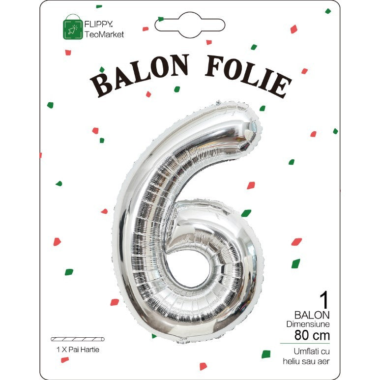 Balon din Folie Metalizata, Flippy, Figurina Cifra, Tema Aniversare 80 cm, Ambalaj Individual, Pai inclus, Umflare cu