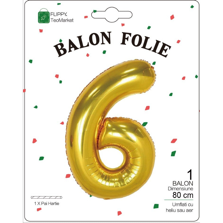 Balon din Folie Metalizata Flippy, Figurina Cifra, Tema Aniversare 80 cm, Ambalaj Individual, Pai inclus, Umflare cu
