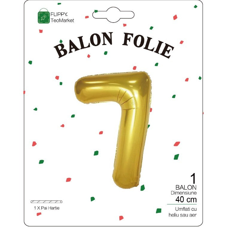 Balon din Folie Metalizata Flippy, Figurina Cifra, Tema Aniversare 40 cm, Ambalaj Individual, Pai inclus, Umflare cu