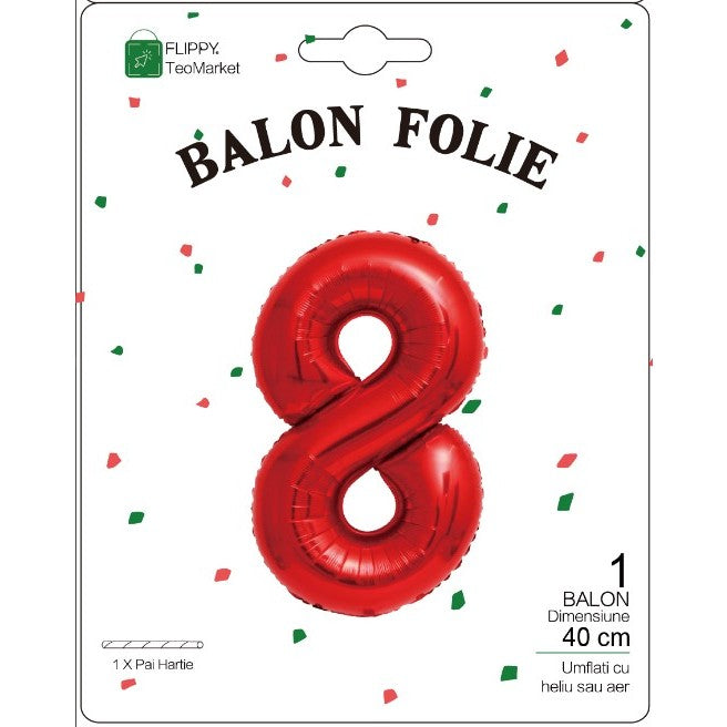 Balon din Folie Metalizata Flippy, Figurina Cifra, Tema Aniversare 40 cm, Ambalaj Individual, Pai inclus, Umflare cu