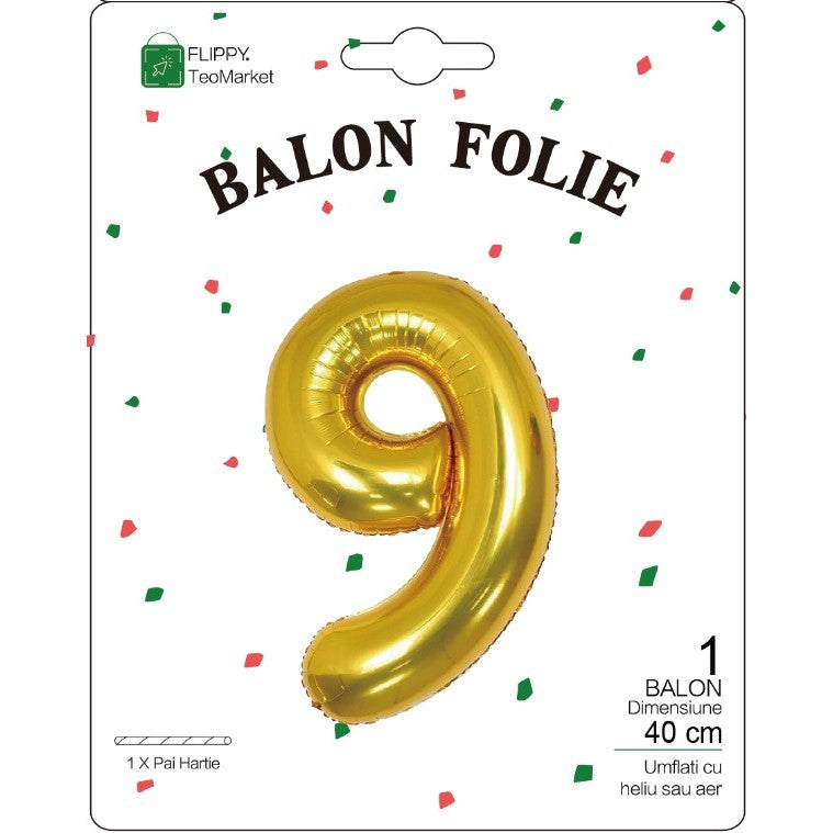 Balon din Folie Metalizata Flippy, Figurina Cifra, Tema Aniversare 40 cm, Ambalaj Individual, Pai inclus, Umflare cu