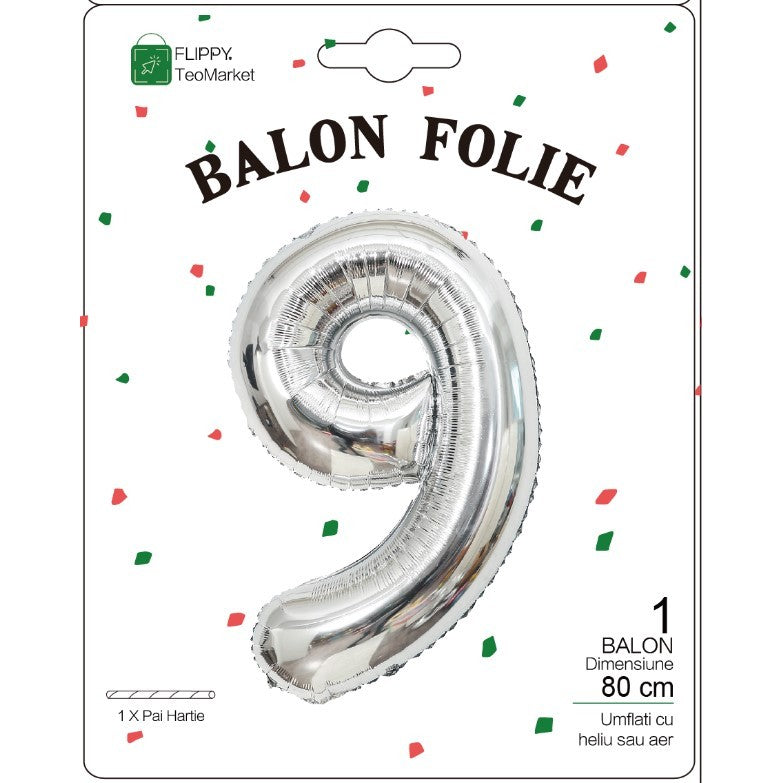 Balon din Folie Metalizata, Flippy, Figurina Cifra, Tema Aniversare 80 cm, Ambalaj Individual, Pai inclus, Umflare cu