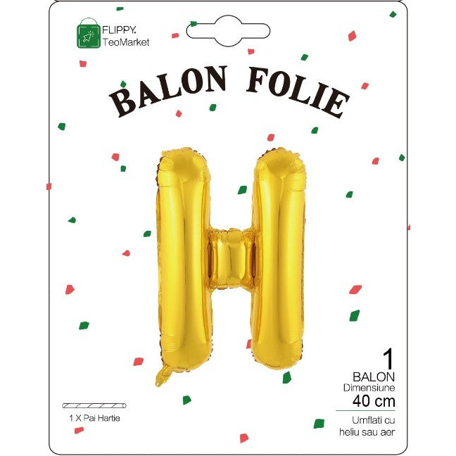 Balon Folie Metalizata Litera H, Flippy, 40 cm, Umflati cu Heliu sau Aer, Ambalaj Individual, Pai inclus, Auriu