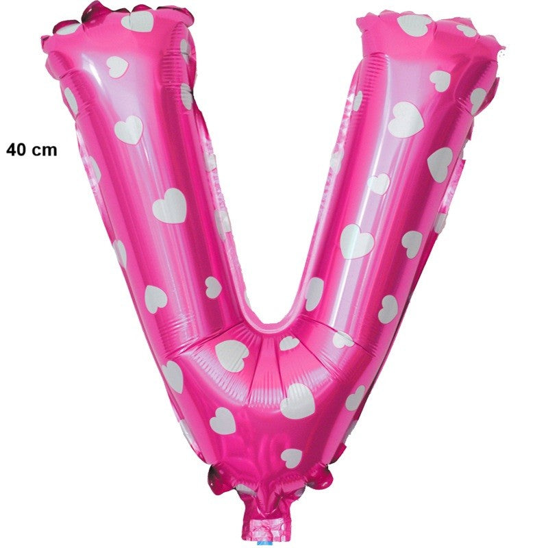 Balon Folie Metalizata Litera V, Flippy, 40 cm, Cu Imprimeu Inimioare, Umflati cu Heliu sau Aer, Ambalaj Individual,