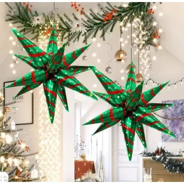 Balon Stea, Flippy, din Folie de Aluminiu, Tema Craciun, 12 Varfuri, 65 x 23 cm, Verde/Rosu