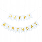 Banner Happy Birthday 100x200 cm, Flippy, Dimensiune Stegulet 11.5x16.5 cm, Rola de Ata Inclusa, Alb