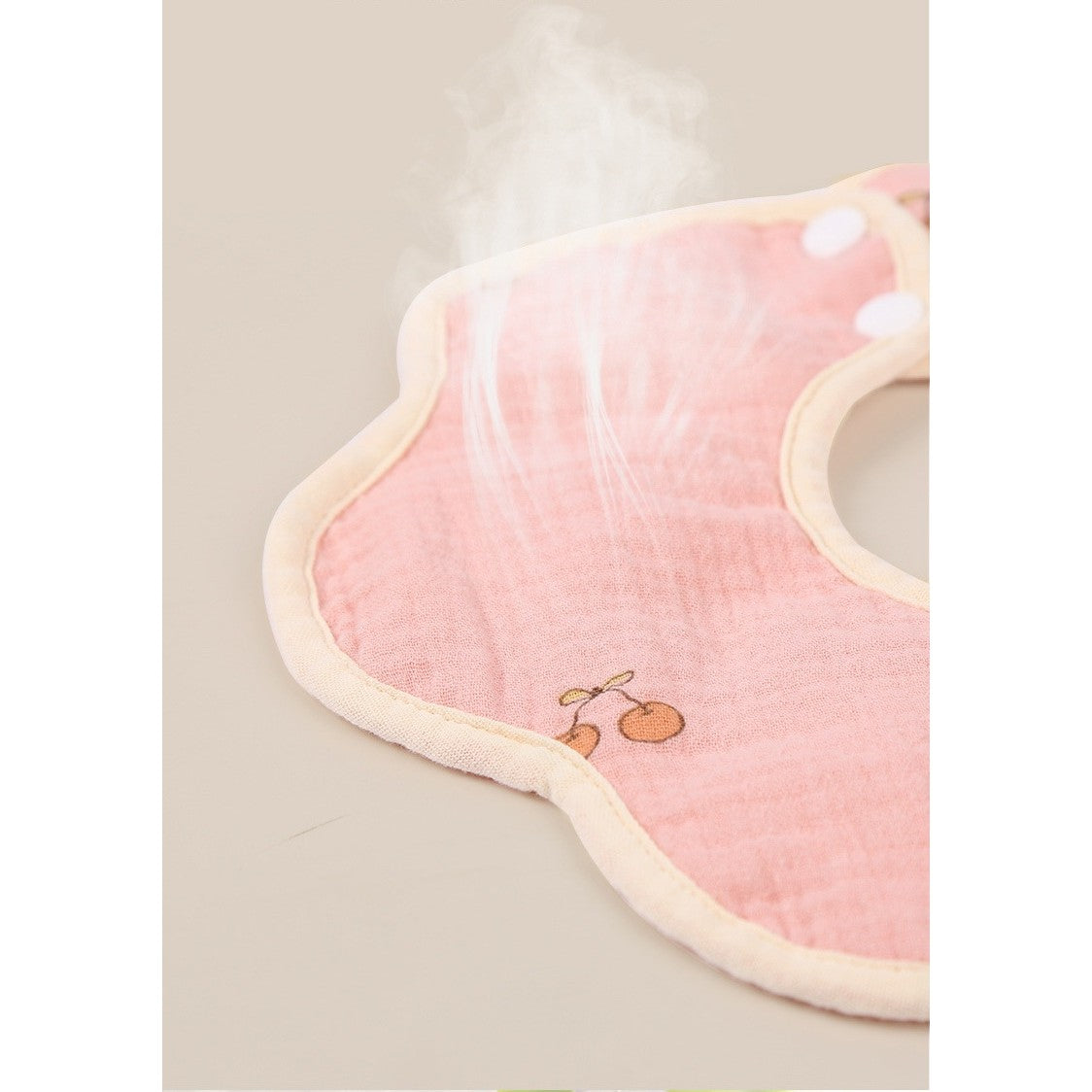 Baveta Tip Floare, Flippy, din Bumbac, pentru Copii 0-12 Luni, Rezistenta la apa, cu Capse, Model cu Cirese, 26 x 29