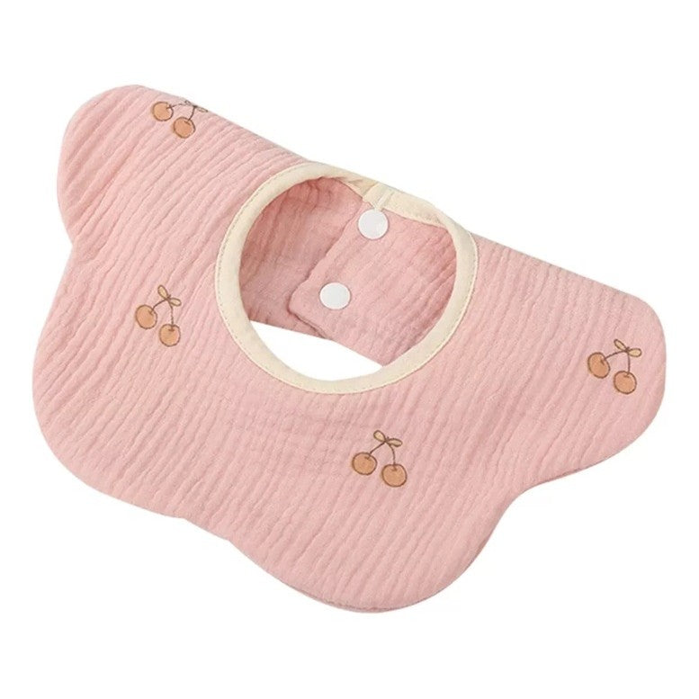 Baveta Tip Floare, Flippy, din Bumbac, pentru Copii 0-12 Luni, Rezistenta la apa, cu Capse, Model cu Cirese, 26 x 29