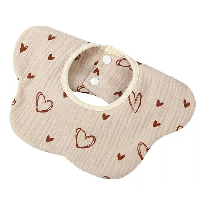 Baveta Tip Floare, Flippy, din Bumbac, pentru Copii 0-12 Luni, Rezistenta la apa, cu Capse, Model cu Inimioare, 26 x 29