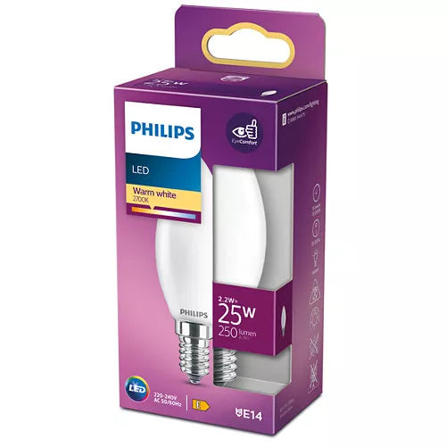 Bec LED filament Philips lumanare B35 E14 2.2W (25W) 250lm lumina calda 2700K 929001345255