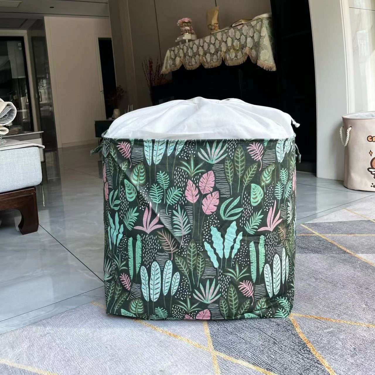 Cutie de Depozitare Pliabila, Flippy, Impermeabila, cu Snur, Capacitate 100 L, cu Manere, 50x50x40cm, Model Frunze,