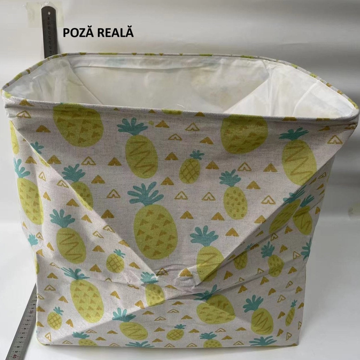 Cutie de Depozitare Pliabila, Flippy, Impermeabila, cu Snur, Capacitate 100 L, cu Manere, 50x50x40cm, Model Ananas,