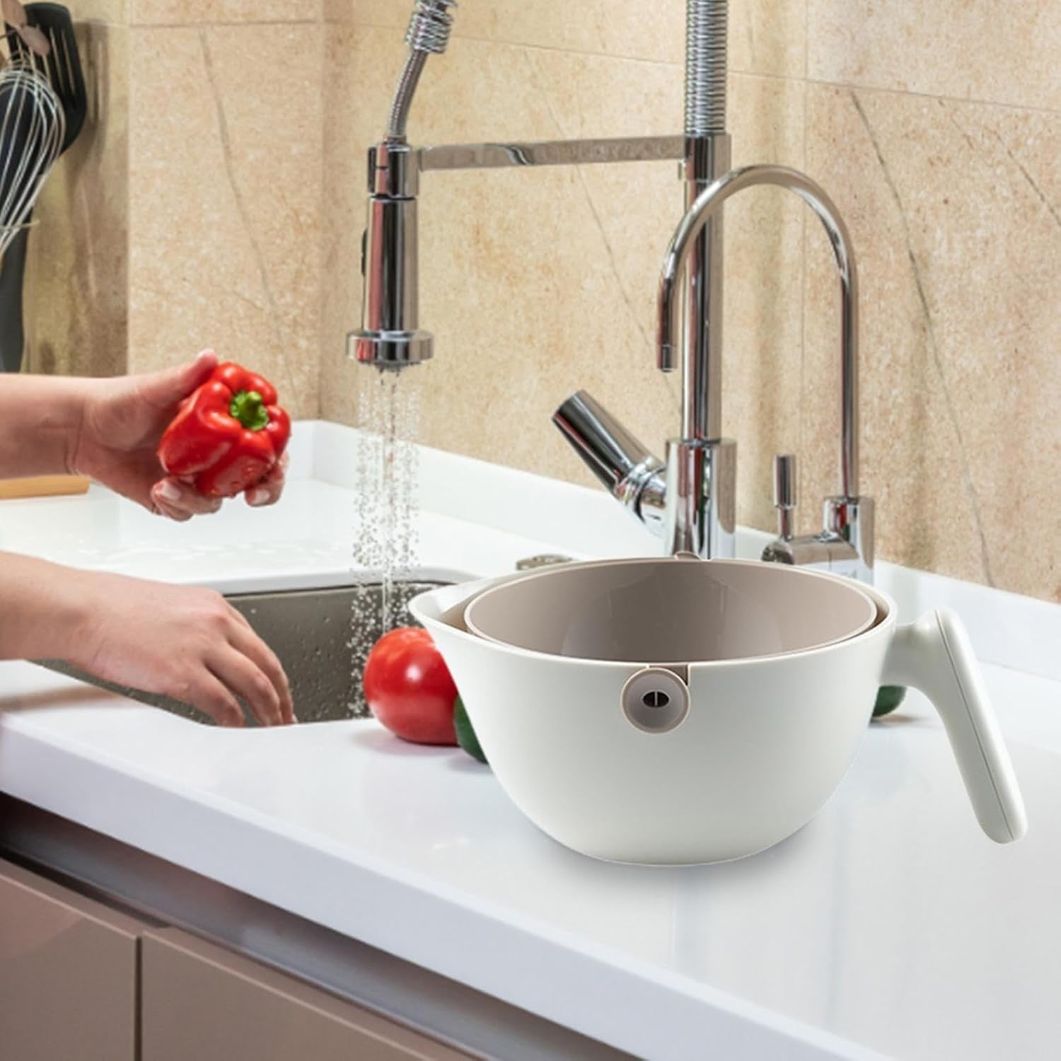 Bol cu Doua Straturi, Flippy, pentru Fructe, Legume, cu Cos de Scurgere a Apei, 2L, din ABS+PP, 29.9 x 22.5 x 11.8 cm,