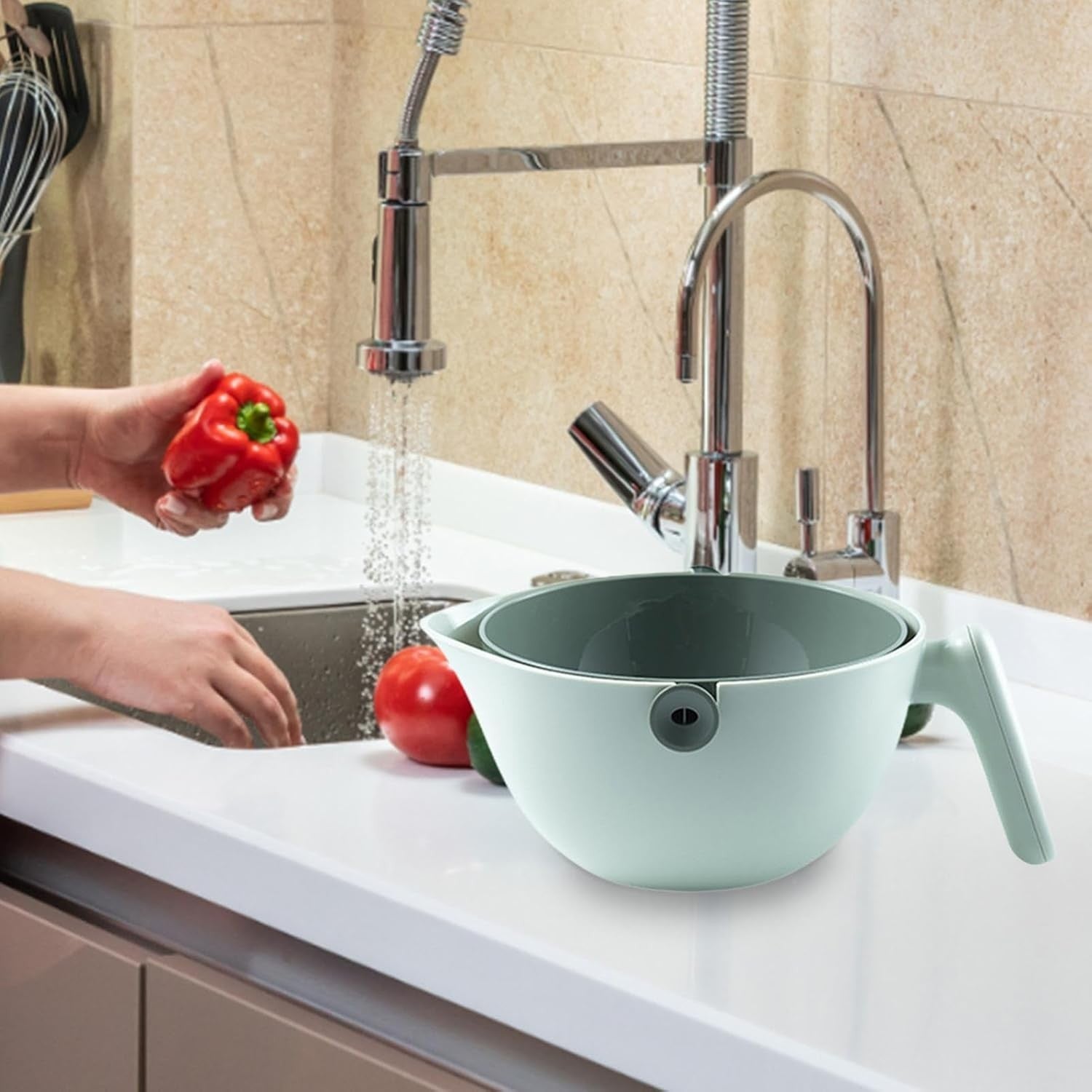 Bol cu Doua Straturi, Flippy, pentru Fructe, Legume, cu Cos de Scurgere a Apei, 2L, din ABS+PP, 29.9 x 22.5 x 11.8 cm,